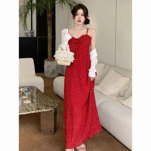 Summer Korean Pure Desire Red Floral Tank Top Dress French Vacation Slimming Elegant Long Dress for Women