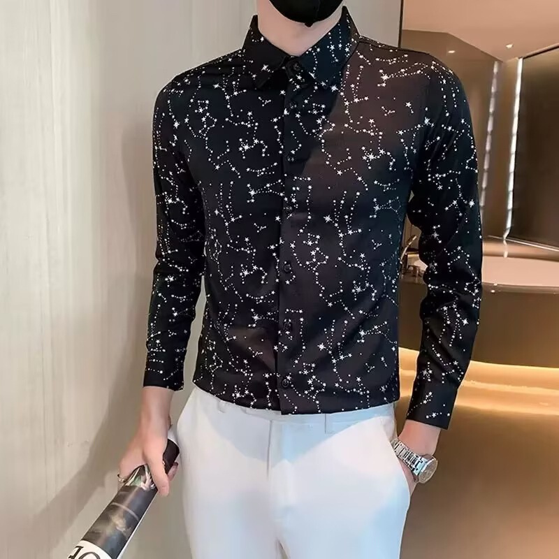 Trendy Sequin Stage Performance Shirt for Men, Spring 2026, Large Size, Slim Fit, Starry Sky Gold Stamping, Long-Sleeve Shirt for Men Trendy Sequin Stage Performance Shirt for Men, Spring 2026, Large Size, Slim Fit, Starry Sky Gold Stamping, Long-Sleeve Shirt for Men