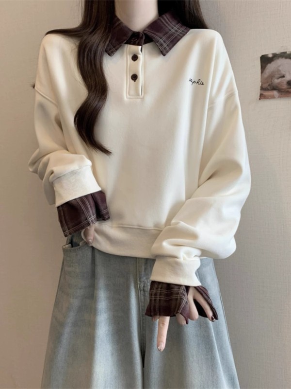 格子衬衫拼接假两件卫衣女款秋冬大码胖mm显瘦宽松韩系Polo领上衣|undefined