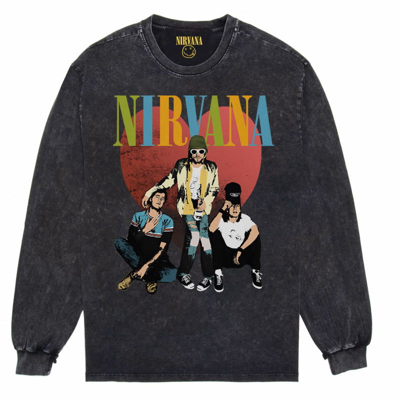 Nirvana Vintage American retro apenado rock punk angustiado lavado batik Camiseta de manga larga