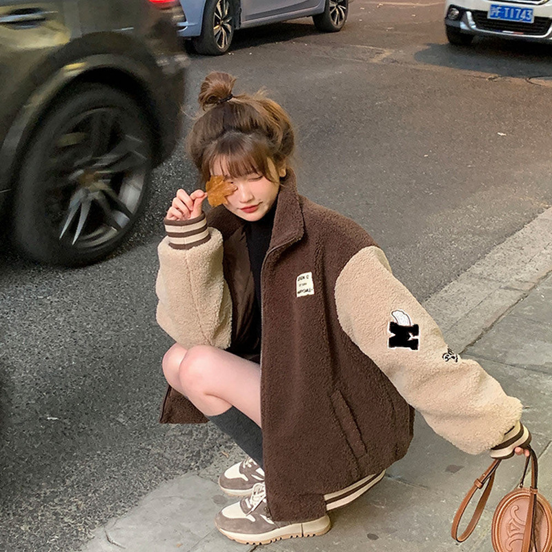 冬季新款羊羔毛外套女拼接撞色小个子宽松学生加绒加厚棒球服棉衣|undefined