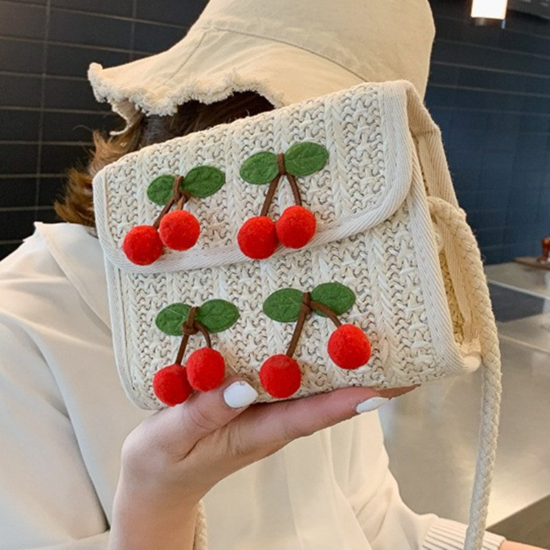 Piccola donna 2024 nuova versione coreana alla moda carina tracolla singola in erba da spiaggia per borsa in tessuto ciliegia per ragazze_voghion.com
