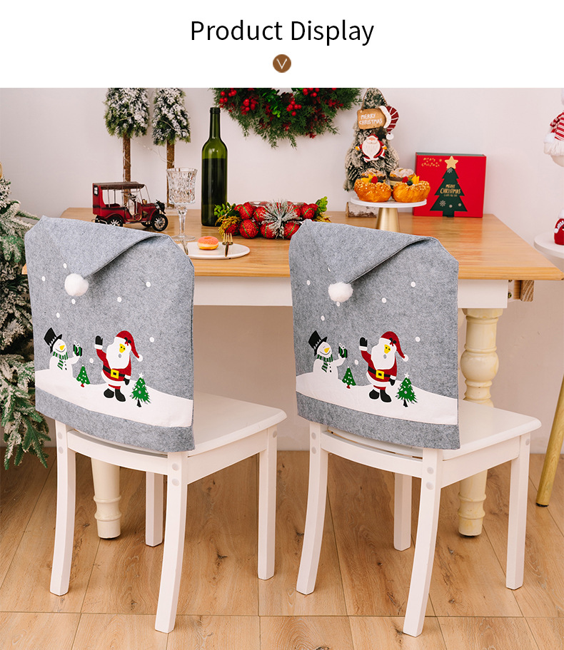 Weihnachtsdekoration für zu Hause, grau, bedruckt, Stuhlhusse für ältere Menschen, Schneemann, Vlies-Stuhlhusse, Weihnachtsmütze_voghion.com