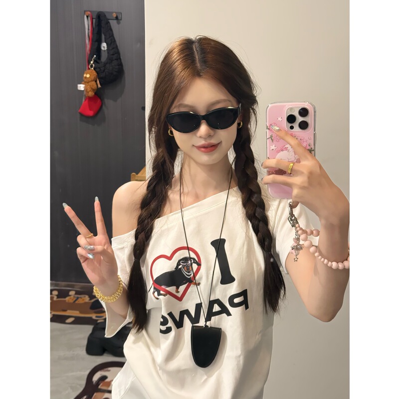 Sweet Hot Girl 斜め肩ワンラインカラー半袖 T シャツ女性用夏の愛の子犬プリントデザインルーズ痩身トップ|undefined