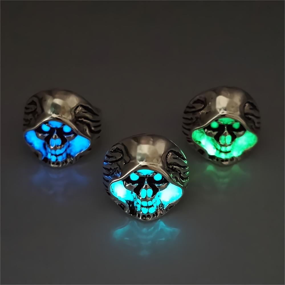Cross-Border Hot Selling European and American Zinc Alloy Luminous Ring Halloween Retro Trendy Death Male Skull Ghost Head Ring Jewelry