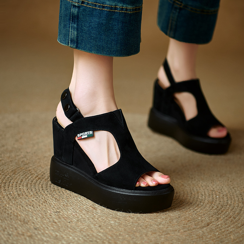 Sandal cao gót nữ hở mũi đế xuồng tăng chiều cao, phong cách La Mã, gót 9 cm — màu đen, xanh lá cây