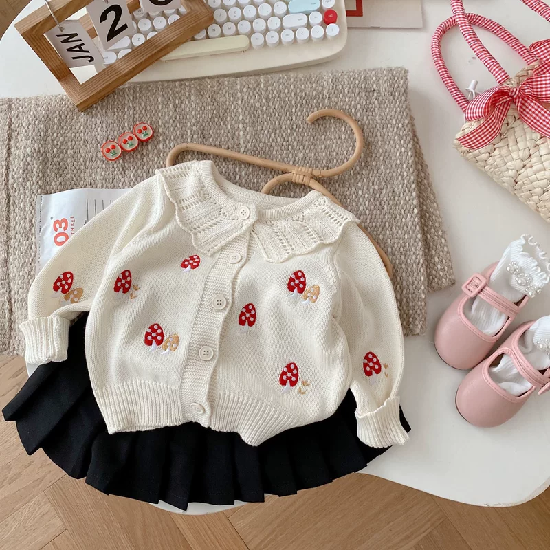 Милая вязаная осенняя кофта, для девочек, джинс, 0-5 лет, корейский стиль, воротник куклы