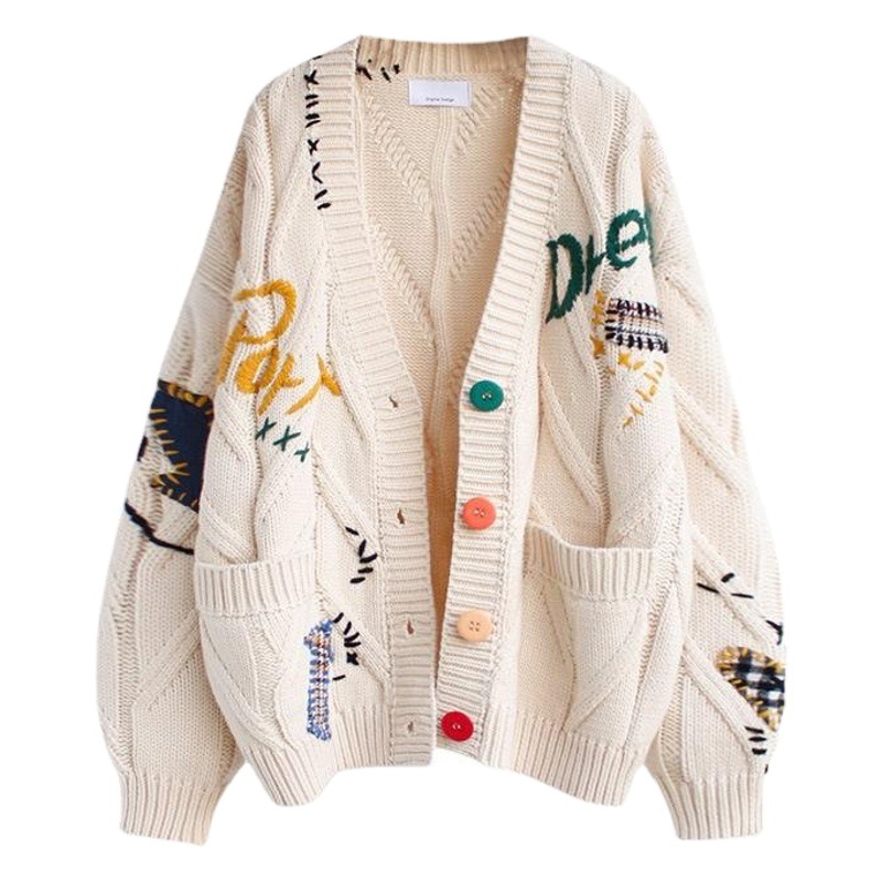 Moda estilo perezoso bordado suéter mujer otoño e invierno 2025 nuevo diseño de letras sentido suéter suelto chaqueta marea