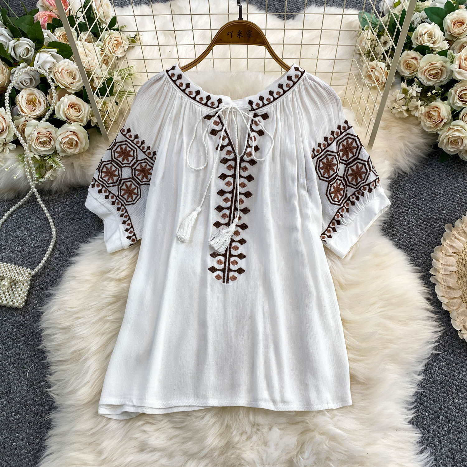 Women's Bohemian Style Sweet Embroidered Tie Neck Round Neck Mid Sleeve T-Shirt Summer Loose Fit Slimming Ethnic Retro Top_ecoleips.com