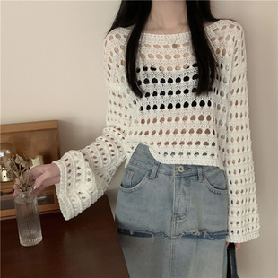 Women's Fashion Round Neck Long Sleeve Loose Knitted Pullover Lazy Style Design Niche Hollow Mesh Knitted Sweater