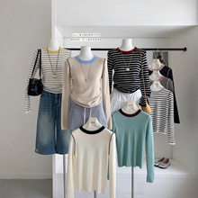 经典复古拼色领口针织衫女蚕丝+绵羊毛圆领条纹长袖T