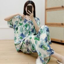 棉绸睡衣女夏季新款短袖长裤两件套韩版宽松家居服碎花人造棉套装