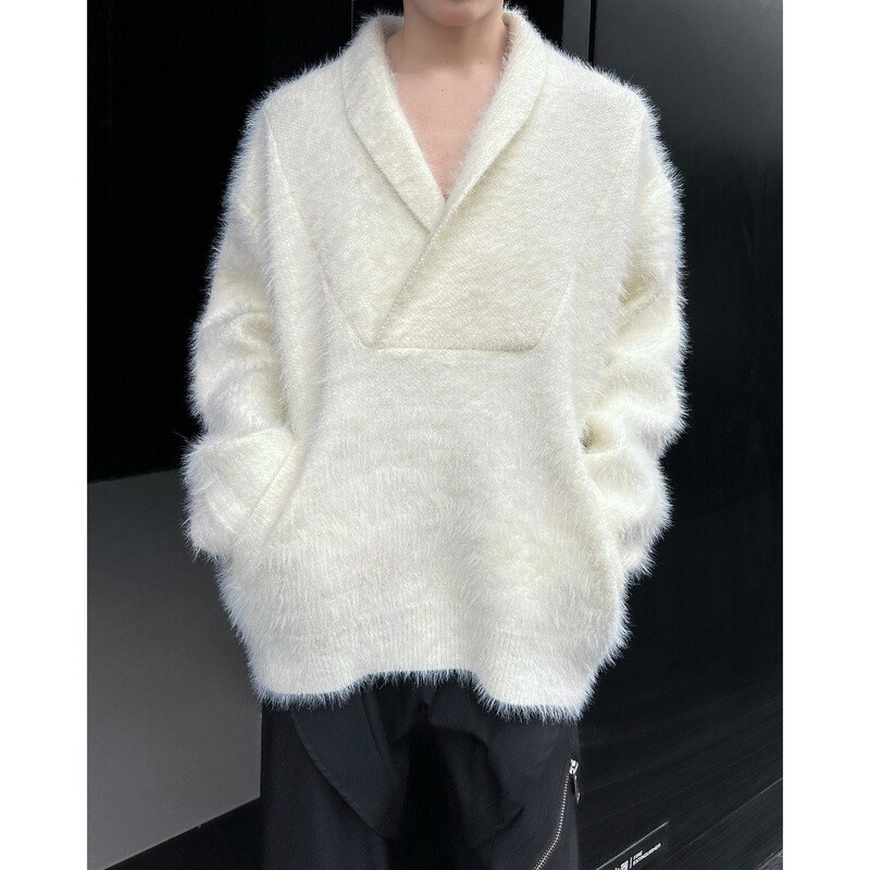 Light Mature Style Design Sense Big V-neck Dipper Knitted Sweater Men's Autumn and Winter Korean Style Lazy Loose Sweater Puffy Handsome Jacket