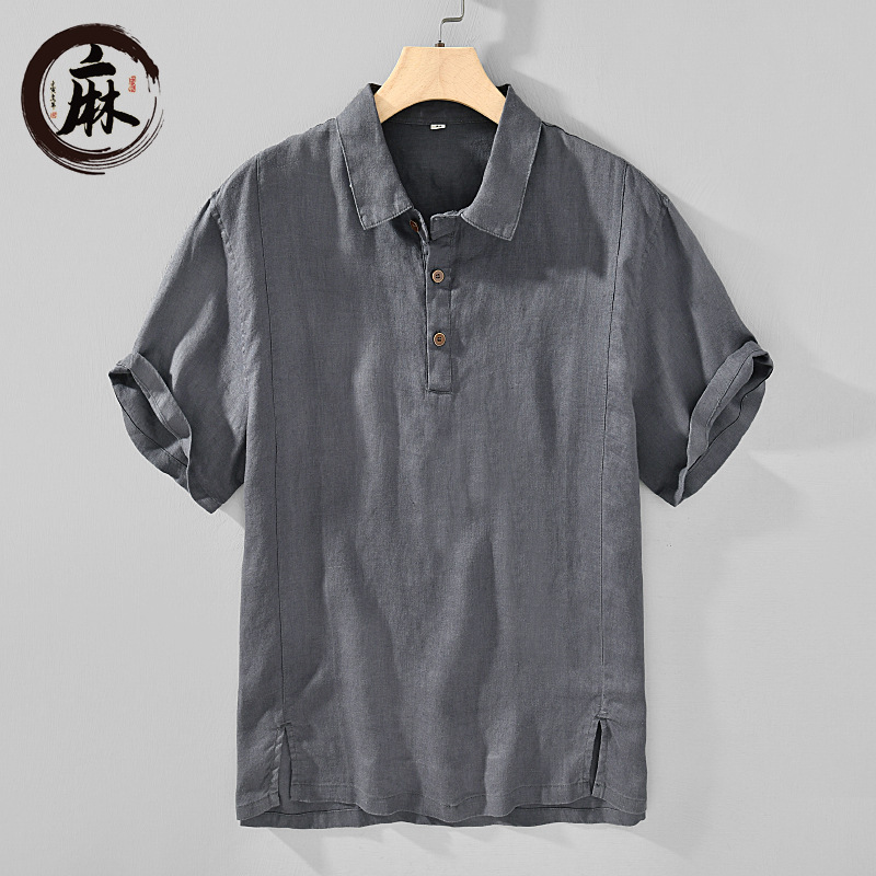 H001夏季新款100%全麻料翻领短袖polo衫男士中国风纯亚麻透气舒适