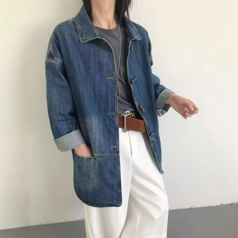 日系复古宽松休闲翻领廓形牛仔外套女2025秋季牛角扣中长款风衣|undefined