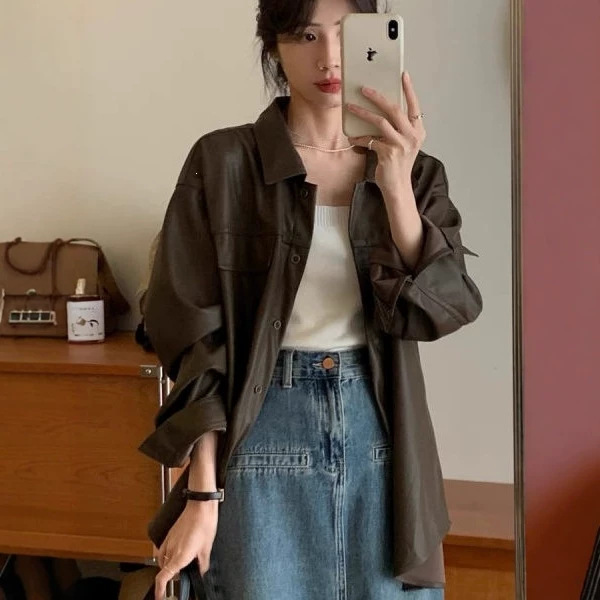 2026 Autumn/Winter New Fashionable Mid-Length Casual Leather Jacket for Women, Loose Fit, High-End Shirt Jacket, Trendy 2026 Autumn/Winter New Fashionable Mid-Length Casual Leather Jacket for Women, Loose Fit, High-End Shirt Jacket, Trendy