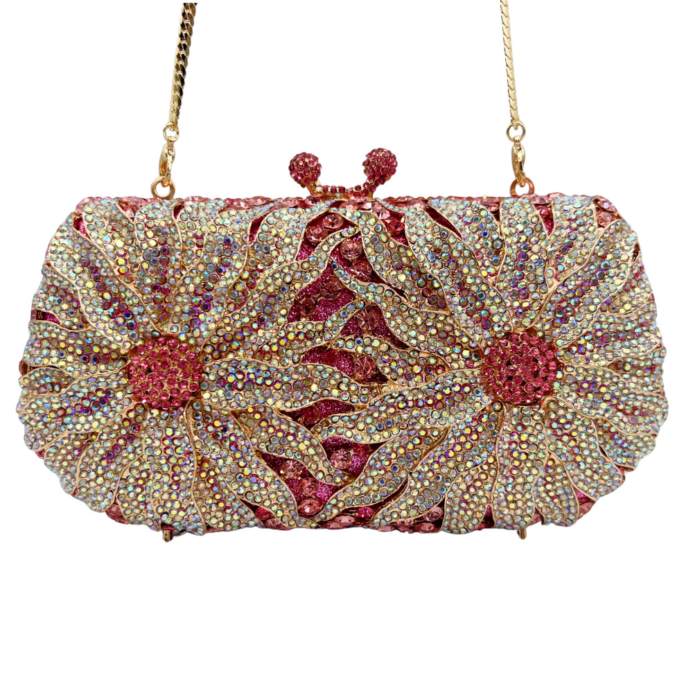 Túi clutch nữ dự tiệc đính kim cương hoa cúc, phong cách châu Âu — màu vàng, màu phấn, màu xanh lá cây