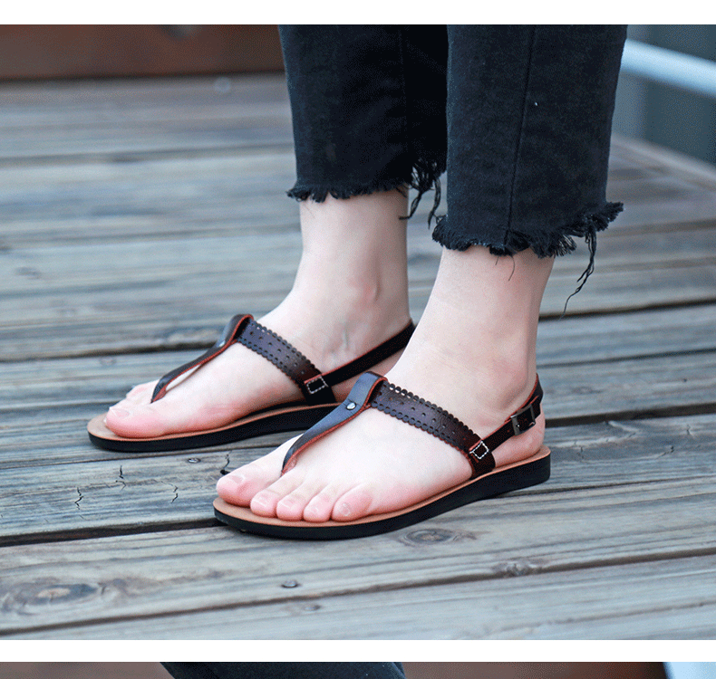 Dép sandal nữ quai ngang đế bệt chất liệu da PU thoáng khí chống trơn trượt — Màu Sâm panh, Màu đỏ rượu, Nâu Đen chi tiết 10