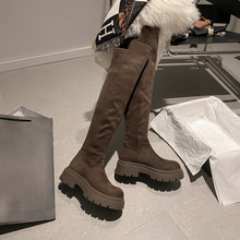 牛皮版~过膝长筒靴女法式骑士靴秋冬弹力瘦瘦靴厚底加绒高筒靴子