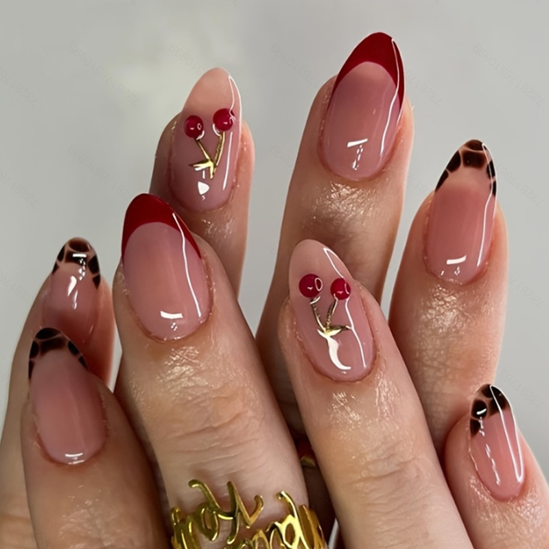 3D Cherry Cross-Border Hot-Selling Wearable Nail Tips, French-Style Red Short Almond-Shaped Nail Tips, Finished Nail Products Wholesale