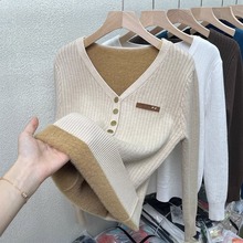 加绒加厚V领毛衣女一体绒爆款打底衫秋冬新款洋气保暖针织衫上衣
