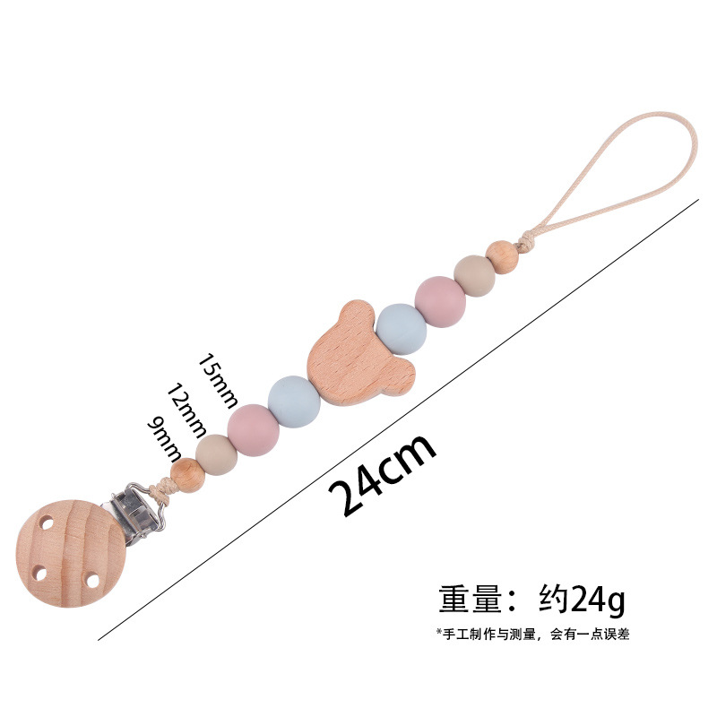 Productos para bebés Clip de chupete de madera de haya Dibujos animados de bebé creativo Oso de madera de haya Muerde los dientes Cadena de chupete anti-caída