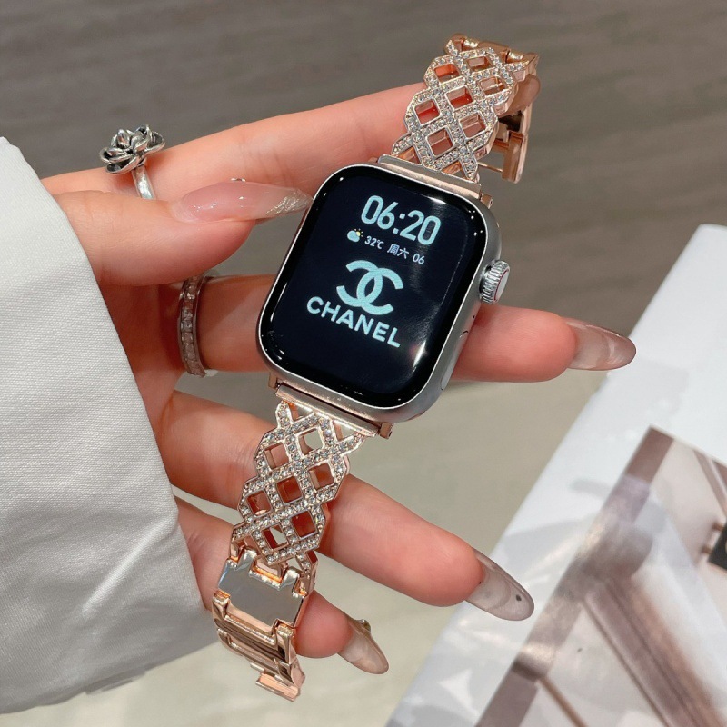 Suitable for Appleiwatchs10987Se Apple Ultra Diamond-Shaped Cut Out Diamond-Encrusted Metal Buckle Watch Strap