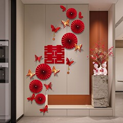 ウェディングルームの装飾の背景の壁の結婚式の新しい部屋の玄関の階段の壁の男性の部屋の高級感は花を引きます。