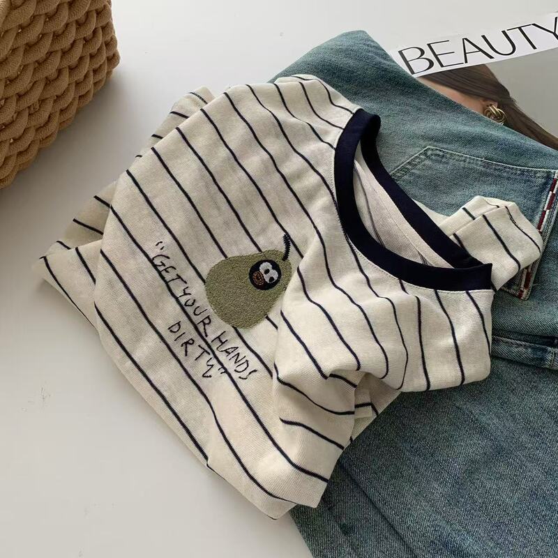 Interesting Avocado ~ Contrast Color Collar Stripesd Stitching Embroidered Round Neck Short-Sleeved T-Shirt Women's New Summer Japanese Style Top