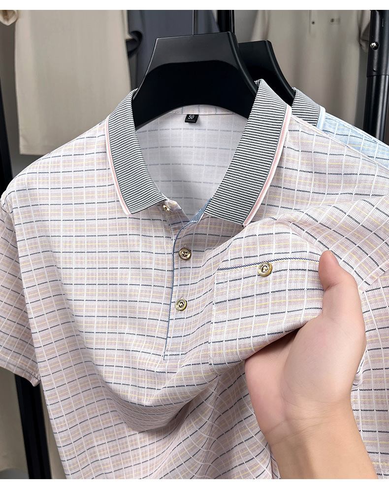 Herren-T-Shirt mit Karomuster, lässig und bequem, mit Taschen, stylisches Kragen-Shirt für den Alltag._voghion.com