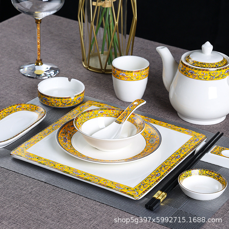 Enamel Bowls and Plates, Chinoiserie Palace Style Ceramic Bowls and Plates, Bone China Dish Plates, Hotel Unit Banquet Tableware Set