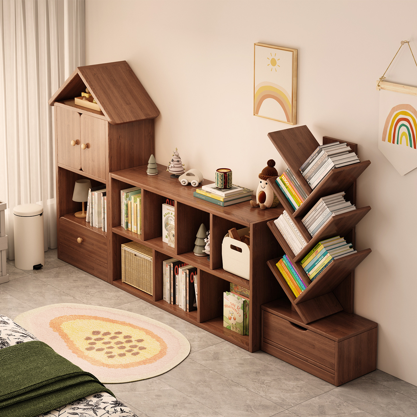 Solid Wood Bookshelf Floor-Standing Storage Rack Kindergarten Student Reading Rack Storage Cabinet Living Room Bedroom Storage Cabinet Bookcase
