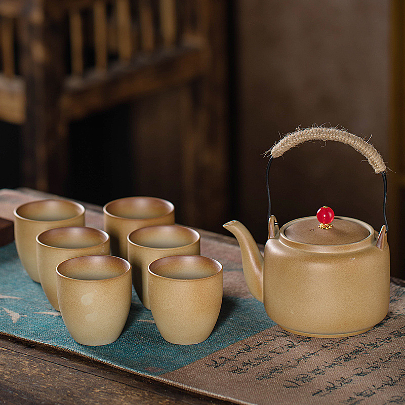 Juego de Té para Preparar con Carbón Vegetal, con Tetera de Cerámica Rústica Vintage, Tetera con Asa Lateral, Jarra, Estilo Chino para Exteriores y Hogar.