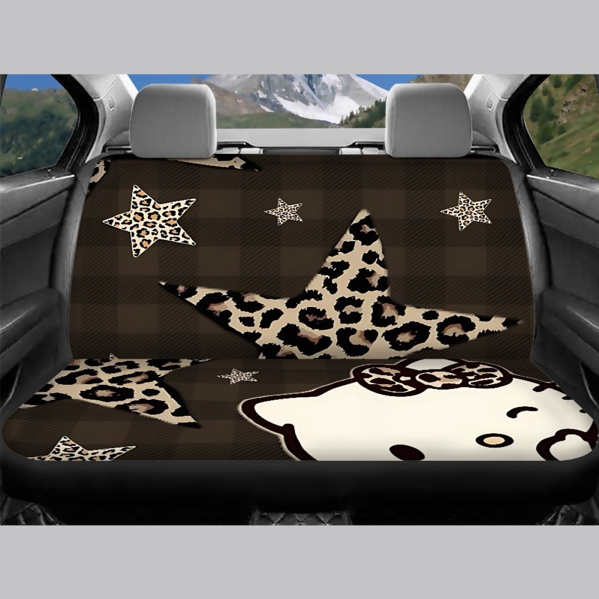 Custom-made car seat covers for independent online stores, featuring a coffee-colored leopard print and a Kitty cat design, to protect both the front and rear seats