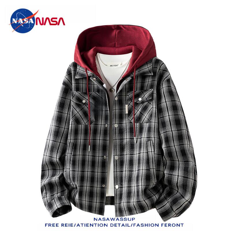 NASA collaboration, new autumn collection, American-style bubble gauze plaid faux two-piece hooded jacket, men's loose-fit, plus-size outerwear