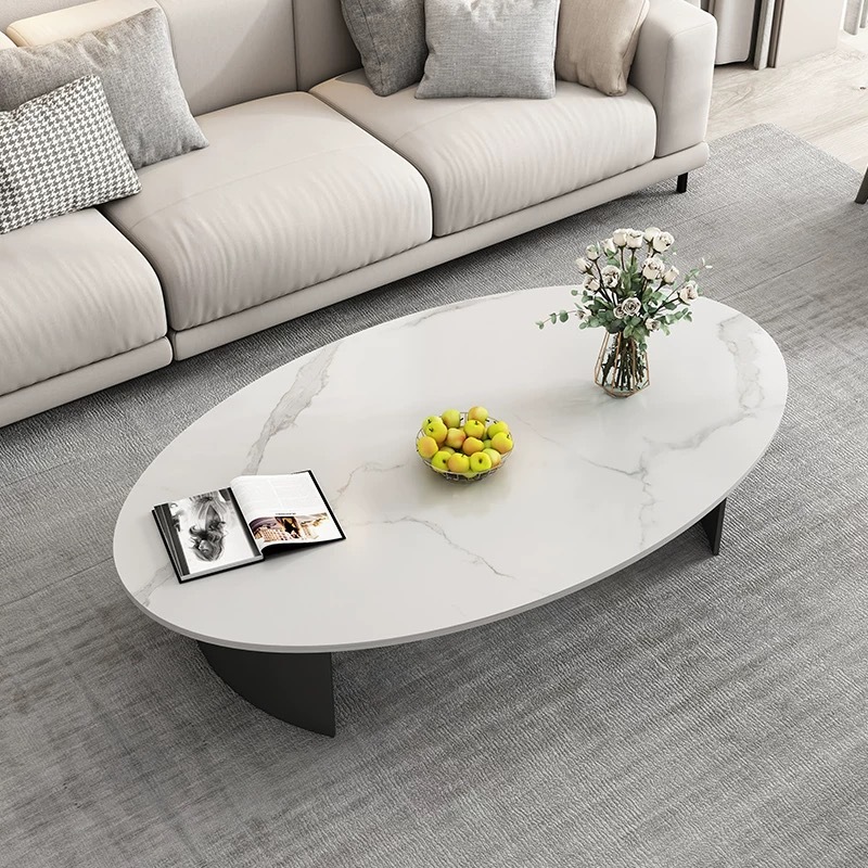Light Luxury Slate Coffee Table Combination Modern Home Living Room Small Apartment Sofa Side Table Creative Iron Oval Coffee Table