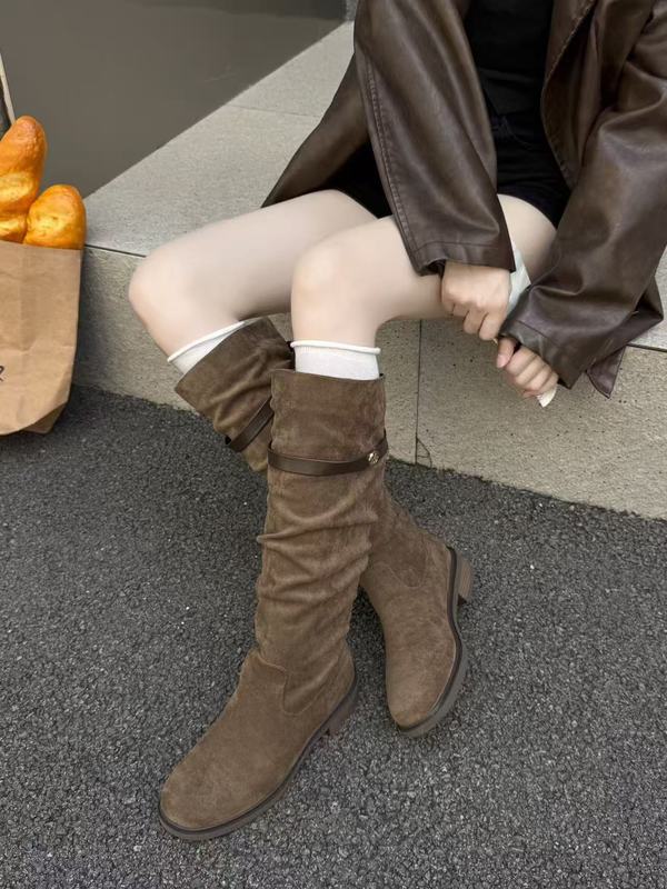 菲梵芭黎2025秋冬磨砂长筒靴女新款复古粗跟显瘦高筒靴百搭骑士靴|undefined