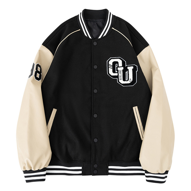 Men's Baseball Uniform Pu Leather Sleeves Spring & Fall Style Loose Jacket for Men and Women, Preppy Style Varsity Team Group Jacket