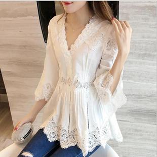 Shirt Women Korean Style Loose V Neck Hollow T-Shirt Spring and Autumn Fairy Bell Sleeve Lace Doll Shirt Ruffled Top