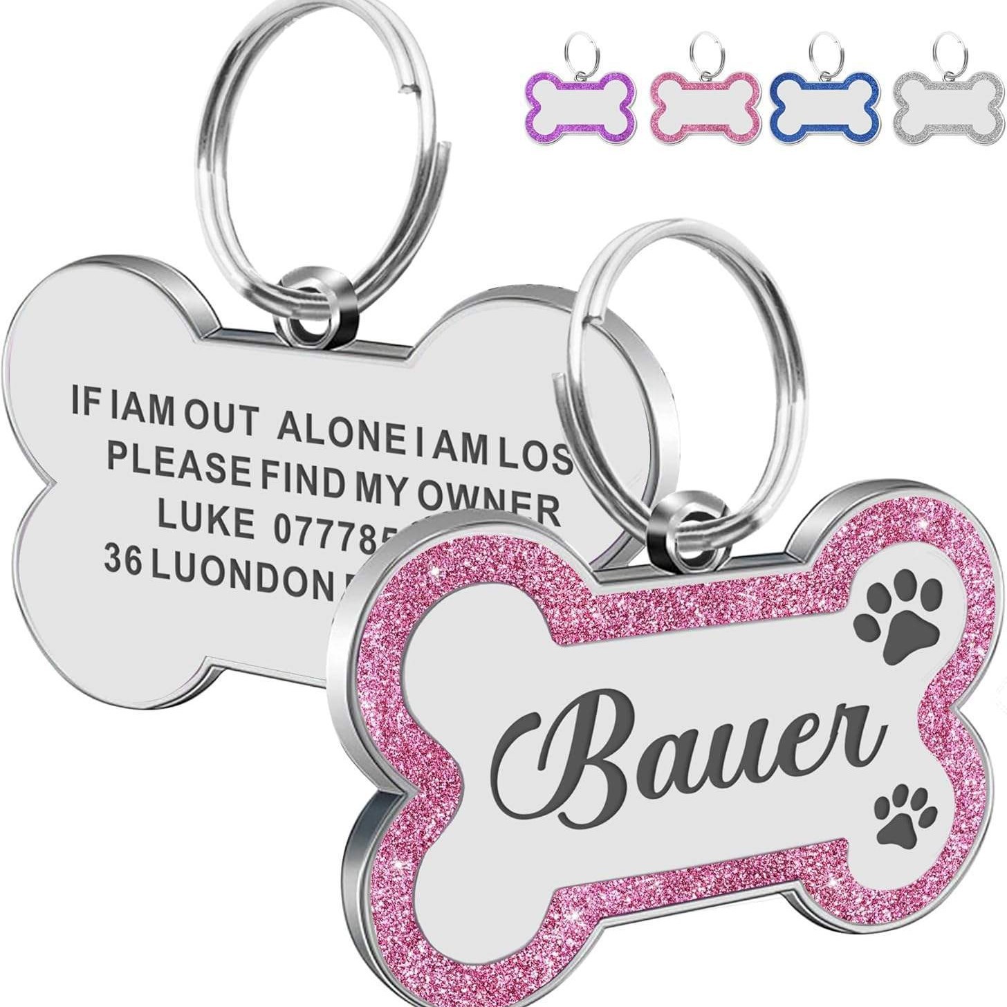 Amazon perro anti-perdida tarjeta de perro es tarjeta de identificación de hueso borde polvo brillante mascota collar de gato para perder la lista