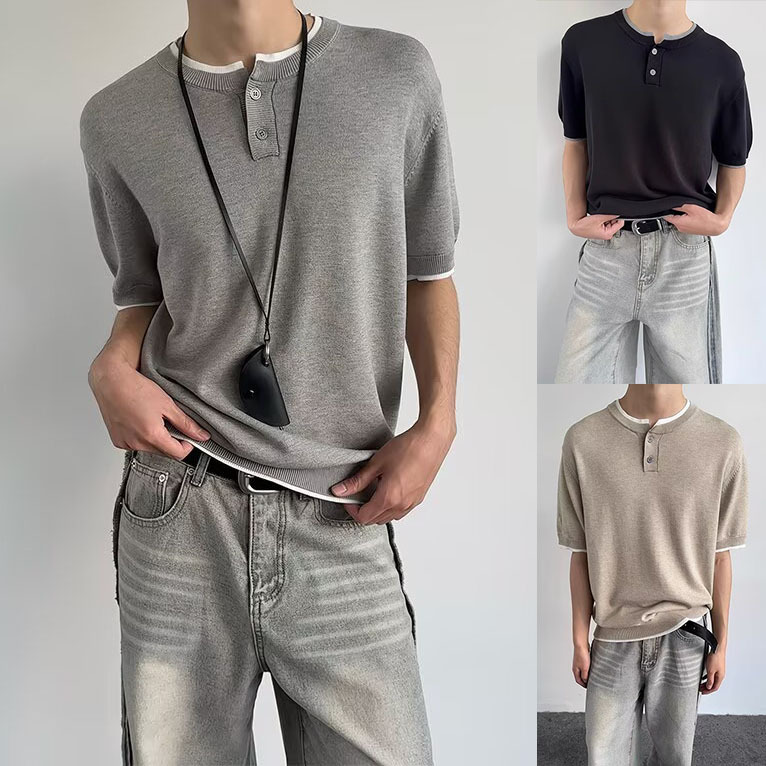 Camisas de punto de estilo antiguo camiseta de manga corta de hombre de color falso dos piezas de collar Henry seda de hielo de verano fábrica transfronteriza mayorista