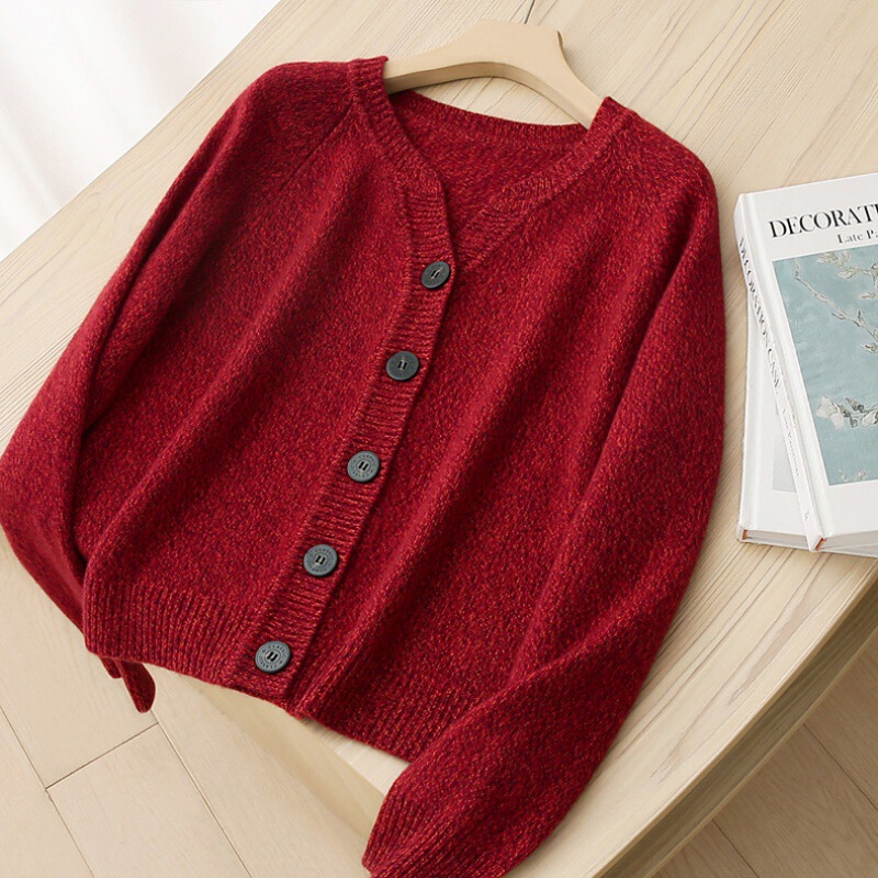 Foreign-style cherries red ~ giant white thickened loose knitted cardigan/v-neck pullover Christmas red sweater for women