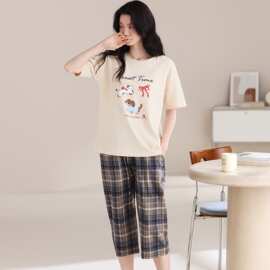 【M-5XL】夏季新款纯棉女短袖七分裤套头睡衣印花休闲女家居服
