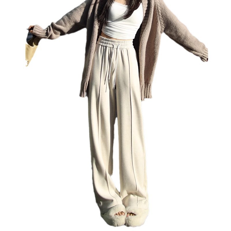 Pantalones de piernas anchas herringbone para mujeres 2024 nuevo otoño y invierno de lana estrecha alargada alta sensación de super hermosos pantalones casuales