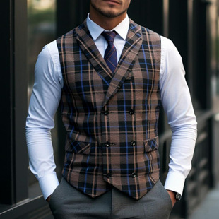 2025 Amazon Spring European Size Men's Retro Casual Double-Breasted Suit Vest Slim Business Plaid Vest