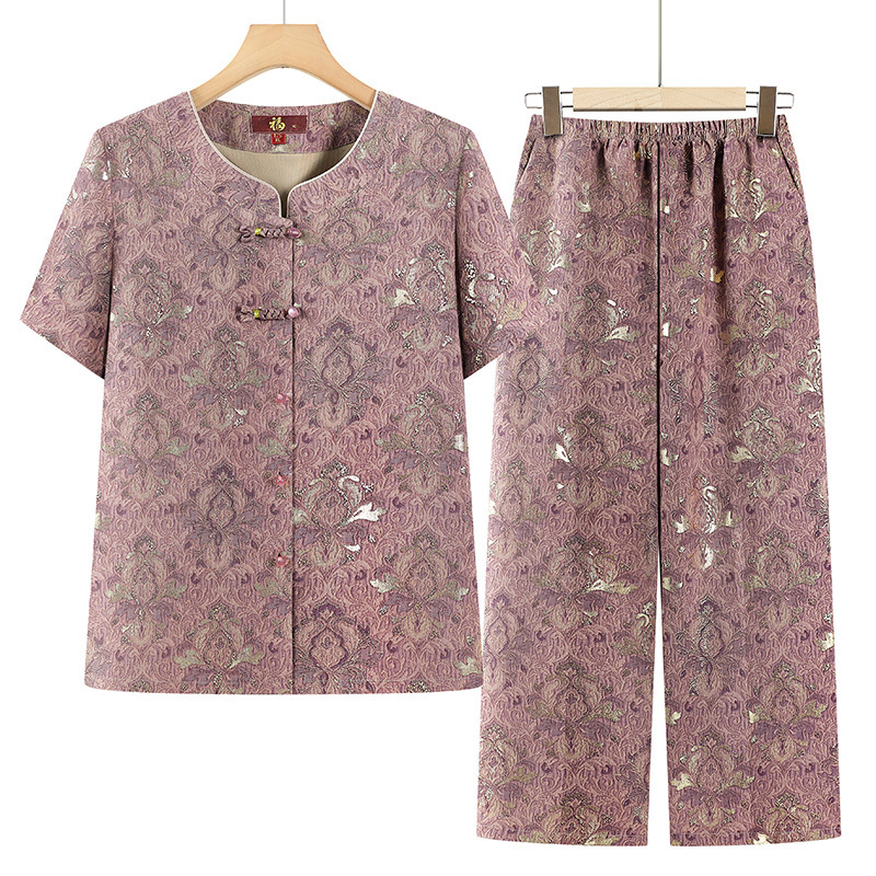 Summer short-sleeve suit for middle-aged and elderly women, grandma's summer shirt two-piece set, stylish round-neck thin top for mothers