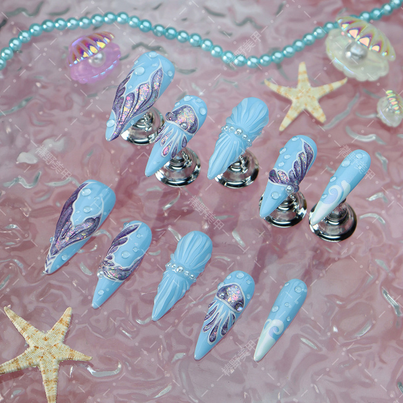 Popular Press-On Nails, European and American Style, Purple Mermaid Jellyfish Wave Long Pointed Nails, 10 Pieces