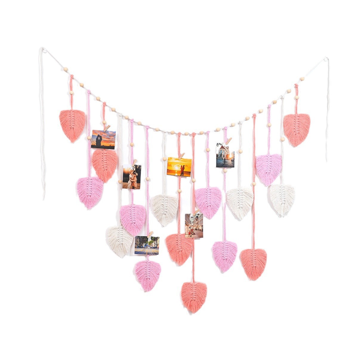 INS Cuerda de algodón bohemia, cuentas de madera tejidas a mano, hojas, fotos, adornos de pared, tapices, borlas, colgantes de pared