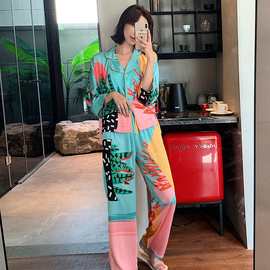 新款睡衣女夏季冰丝长袖复古套装春秋薄款抖音直播性感家居服