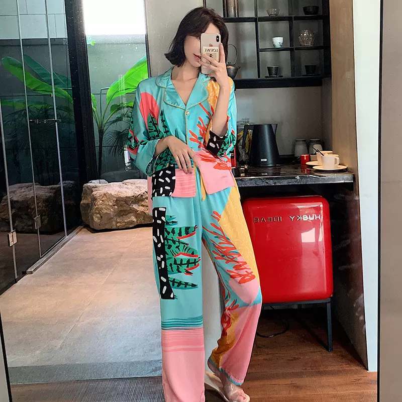 新款睡衣女夏季冰丝长袖复古套装春秋薄款抖音直播性感家居服